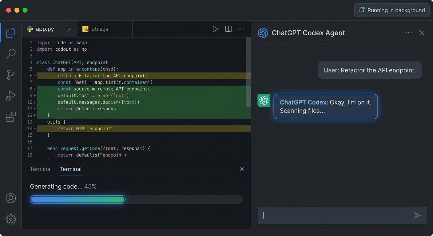 ChatGPT Codex coding agent running in background with code files