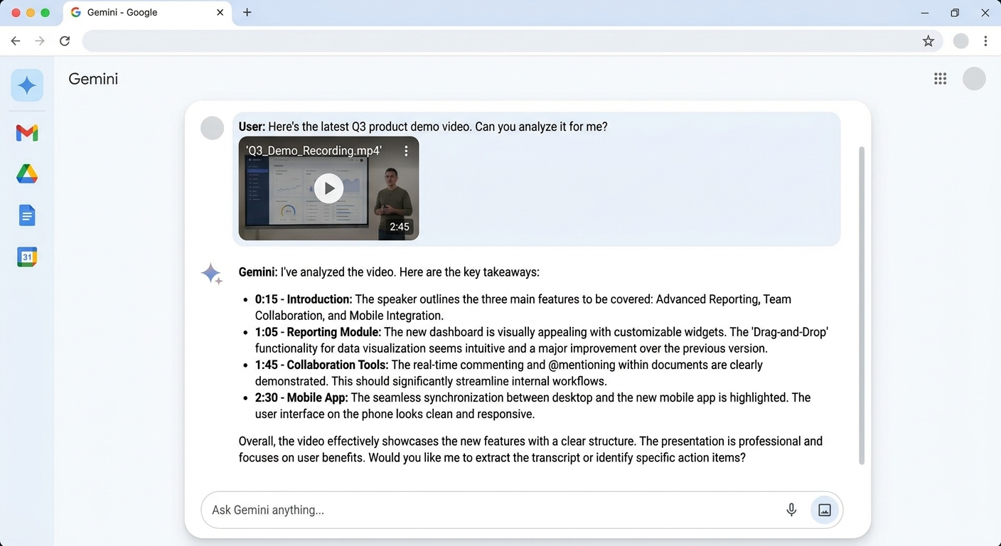 Gemini chat interface with a video file uploaded and analyzed