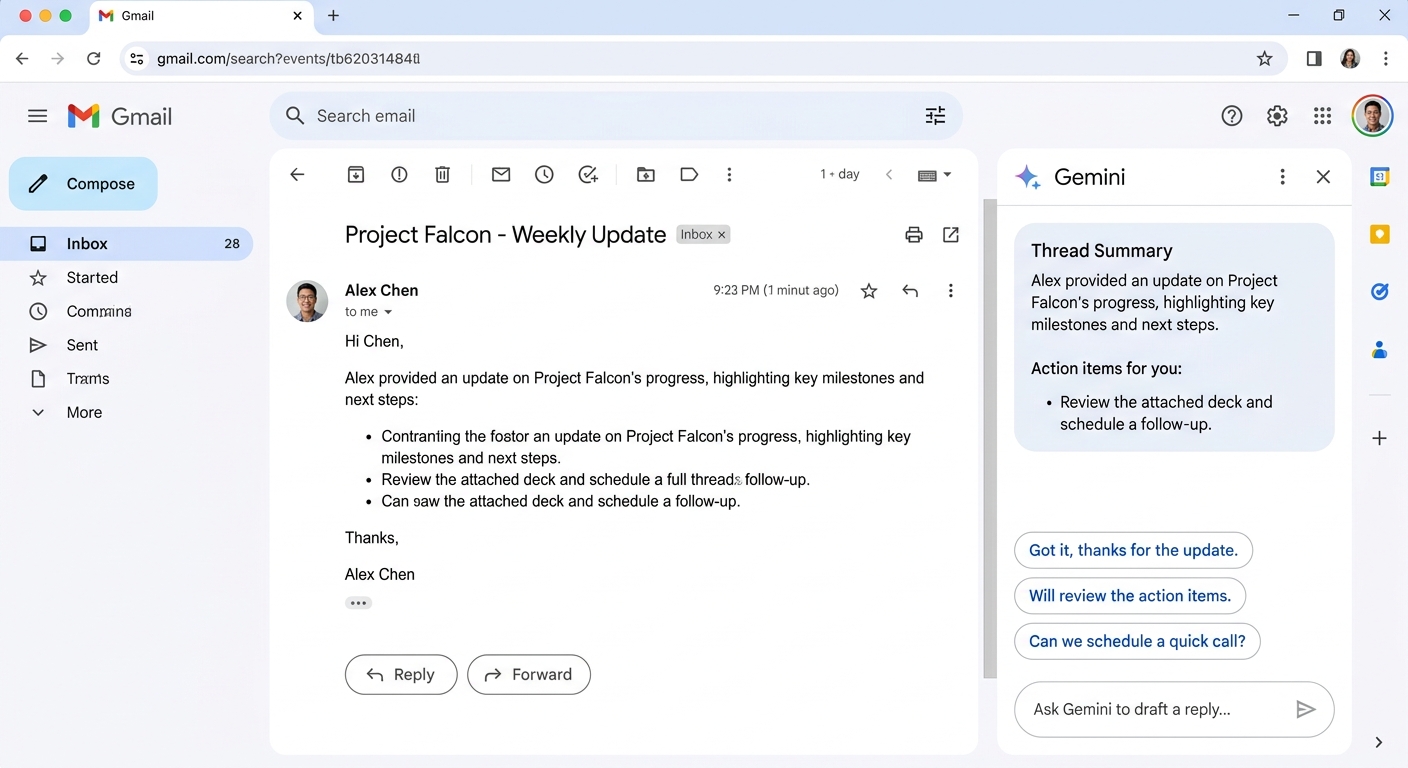 Gemini sidebar panel inside Gmail summarizing an email thread