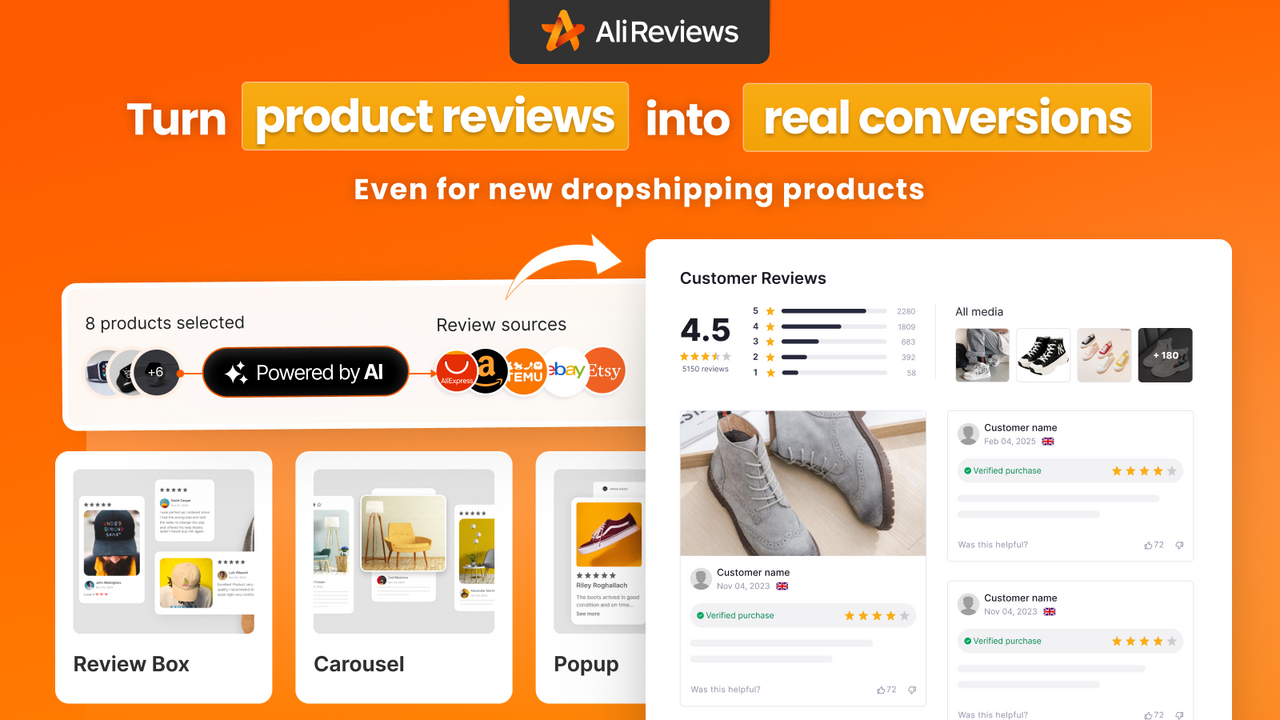 Ali Reviews marketing banner with review widgets for Shopify