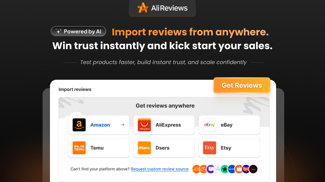 Ali Reviews importer interface for Temu, eBay and Etsy reviews