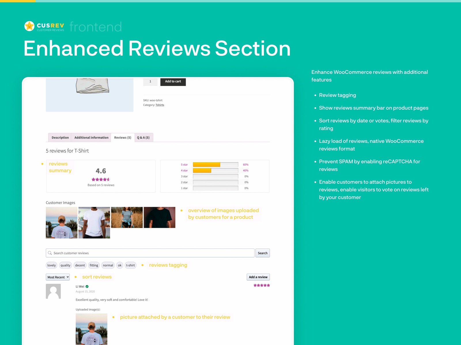 CusRev enhanced reviews section with photo gallery and rating summary
