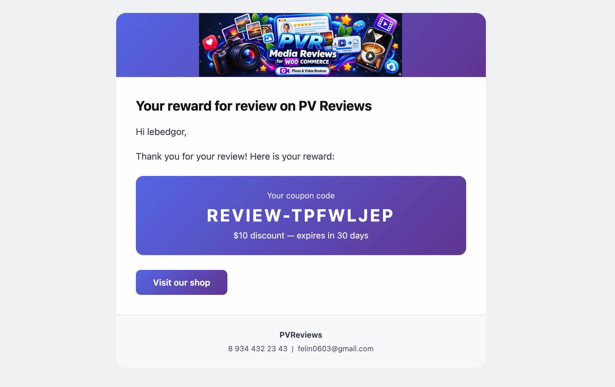 PVR automated review reminders and coupon incentives dashboard