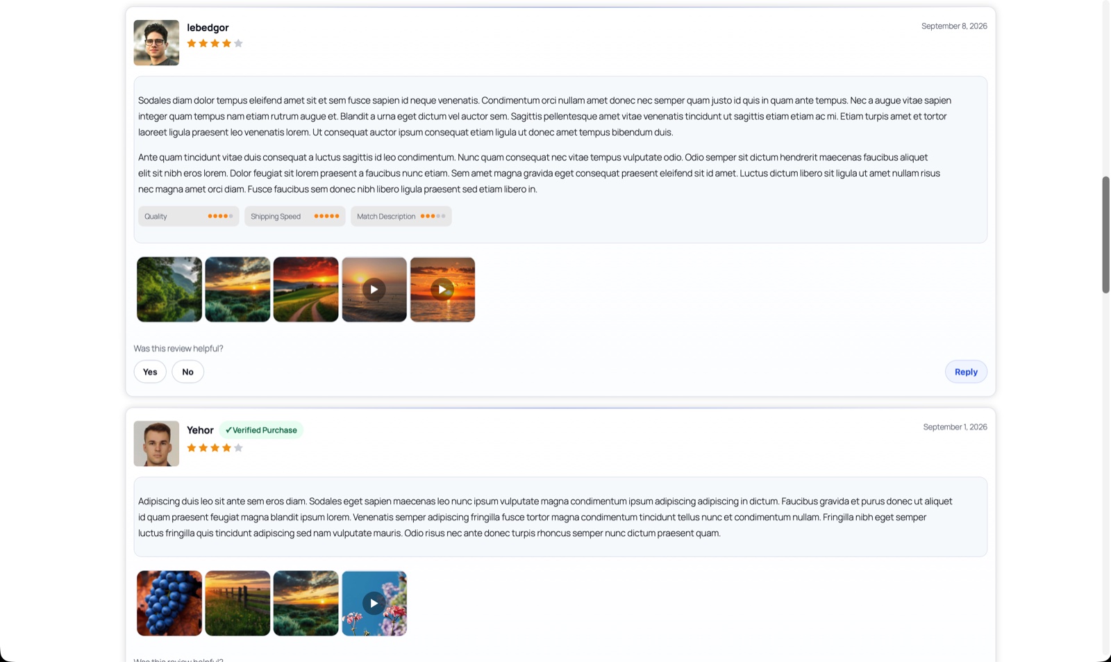 PVR review cards on a product page with multi-criteria ratings, media galleries, helpful voting and store replies