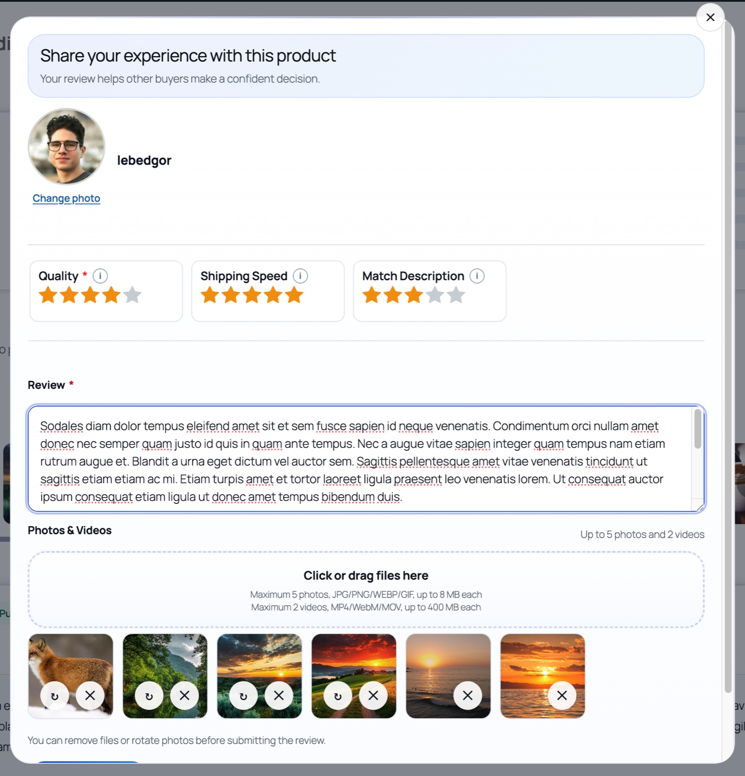 PVR Media Reviews submission form with multi-criteria ratings and drag-and-drop photo and video uploads