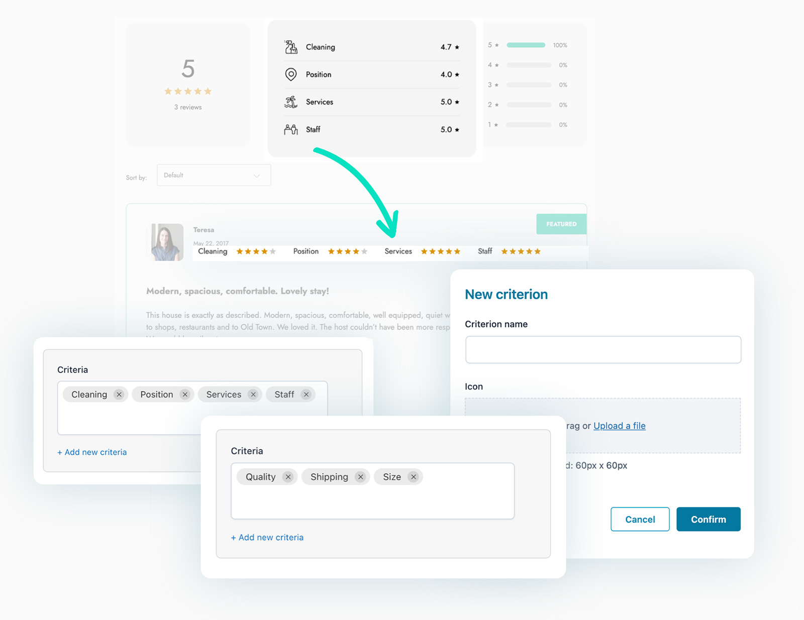 YITH multi-criteria ratings on the storefront and criteria editor with custom icons