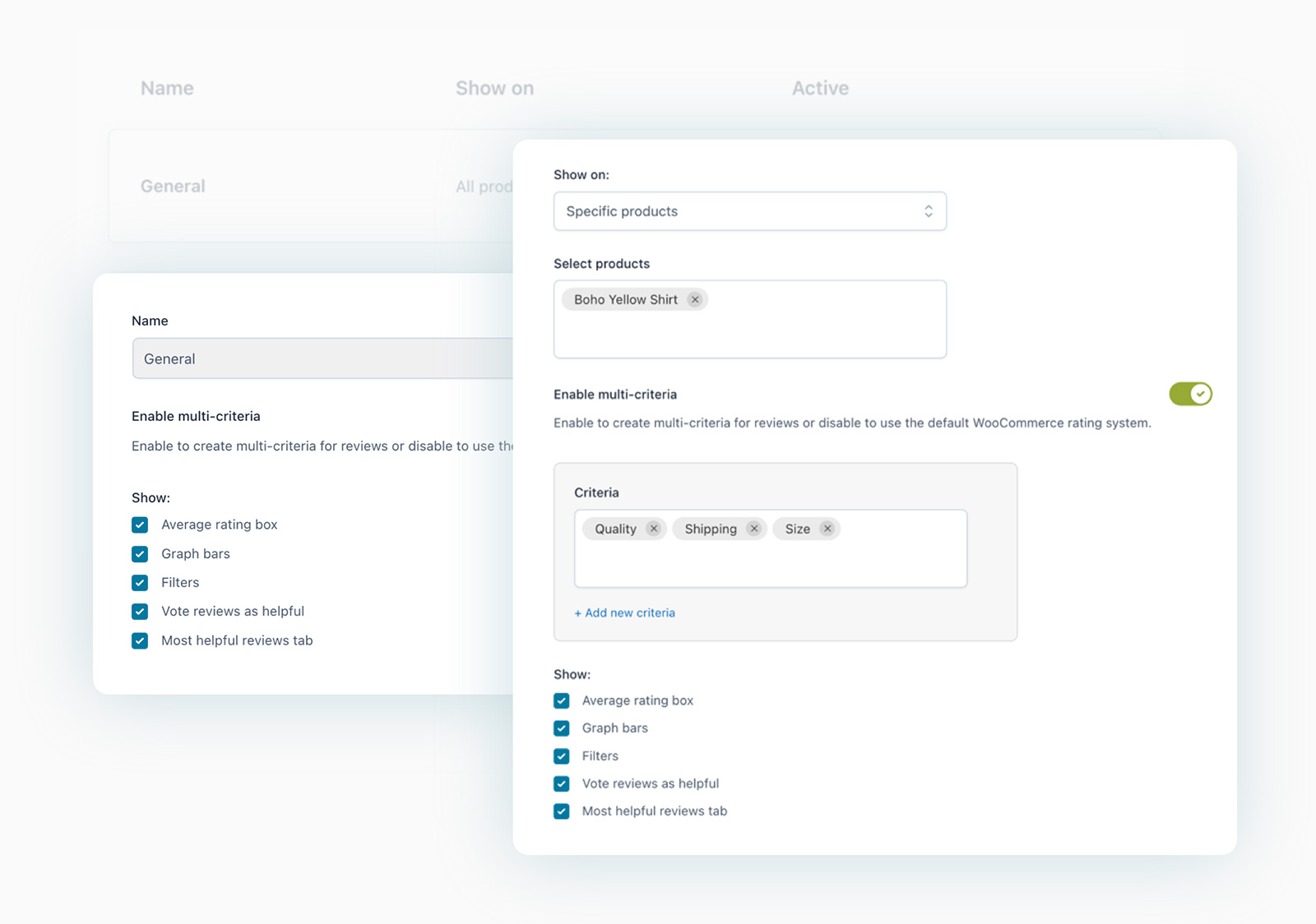 YITH Review Boxes admin with multi-criteria setup and per-box display options