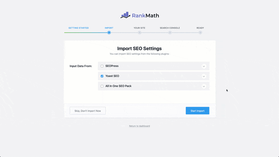 Rank Math setup wizard with 1-click configuration