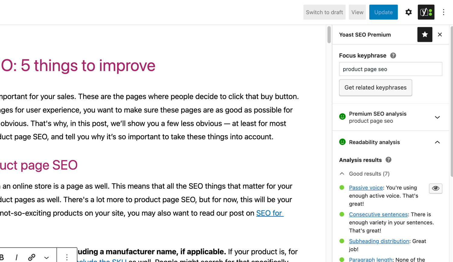 Yoast SEO traffic-light content and readability analysis