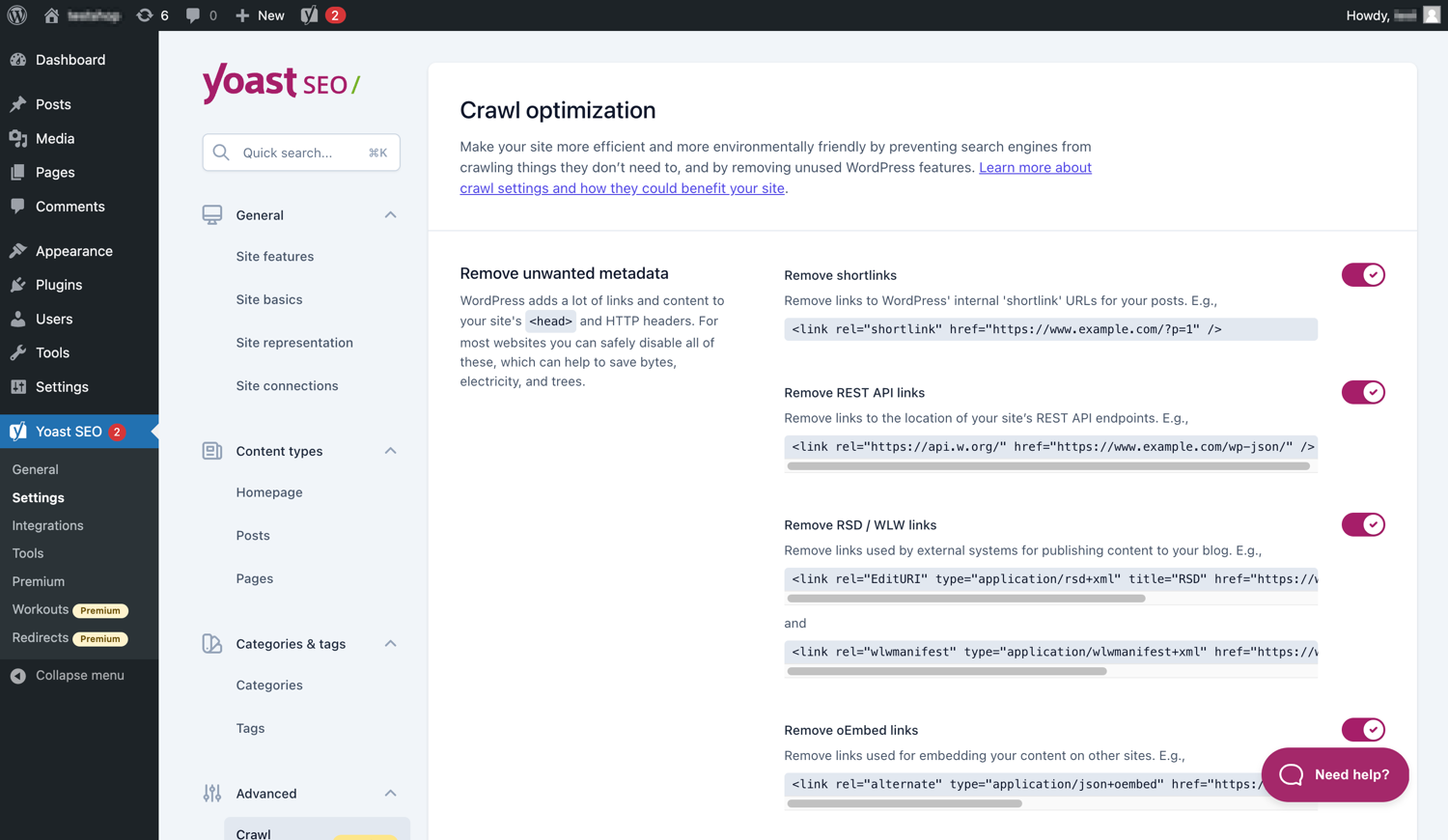 Yoast SEO Premium crawl optimization settings