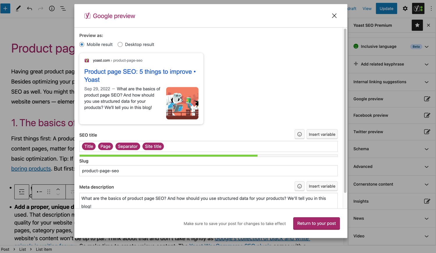 Yoast SEO Google search preview