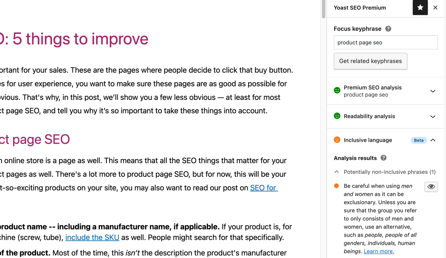 Yoast inclusive language analysis in the WordPress editor