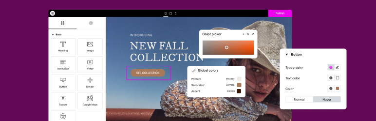 Elementor editor interface with widget panel and live preview