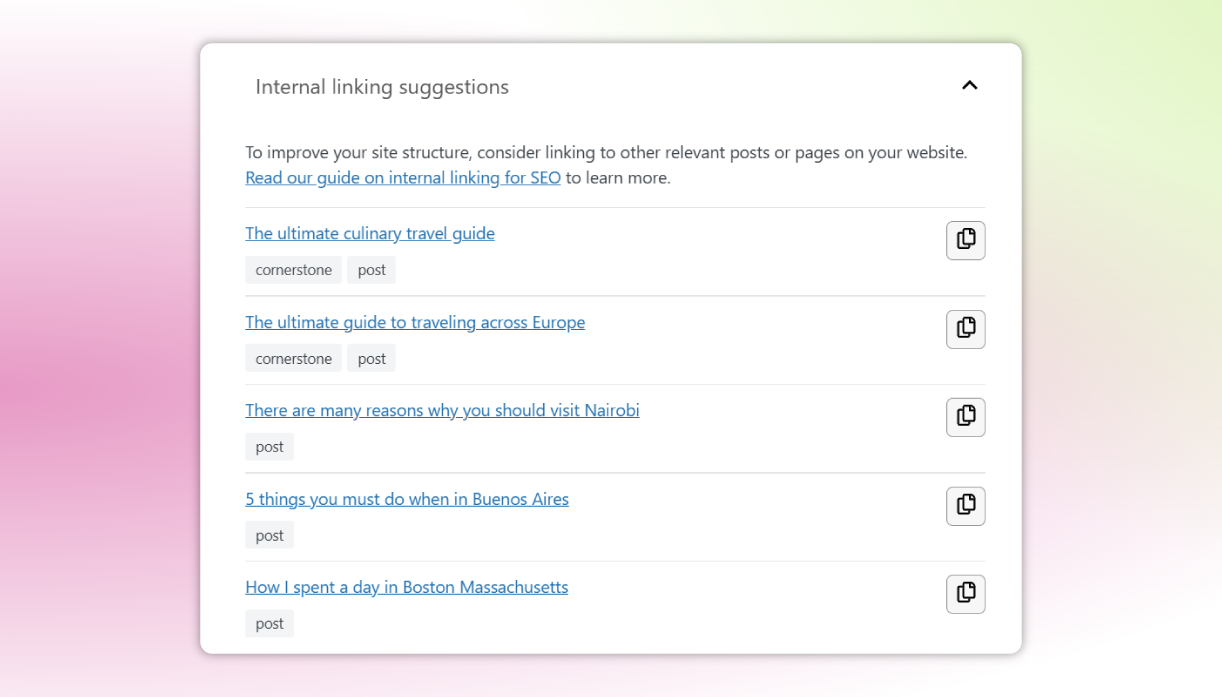 Yoast SEO Premium internal linking suggestions in the post editor