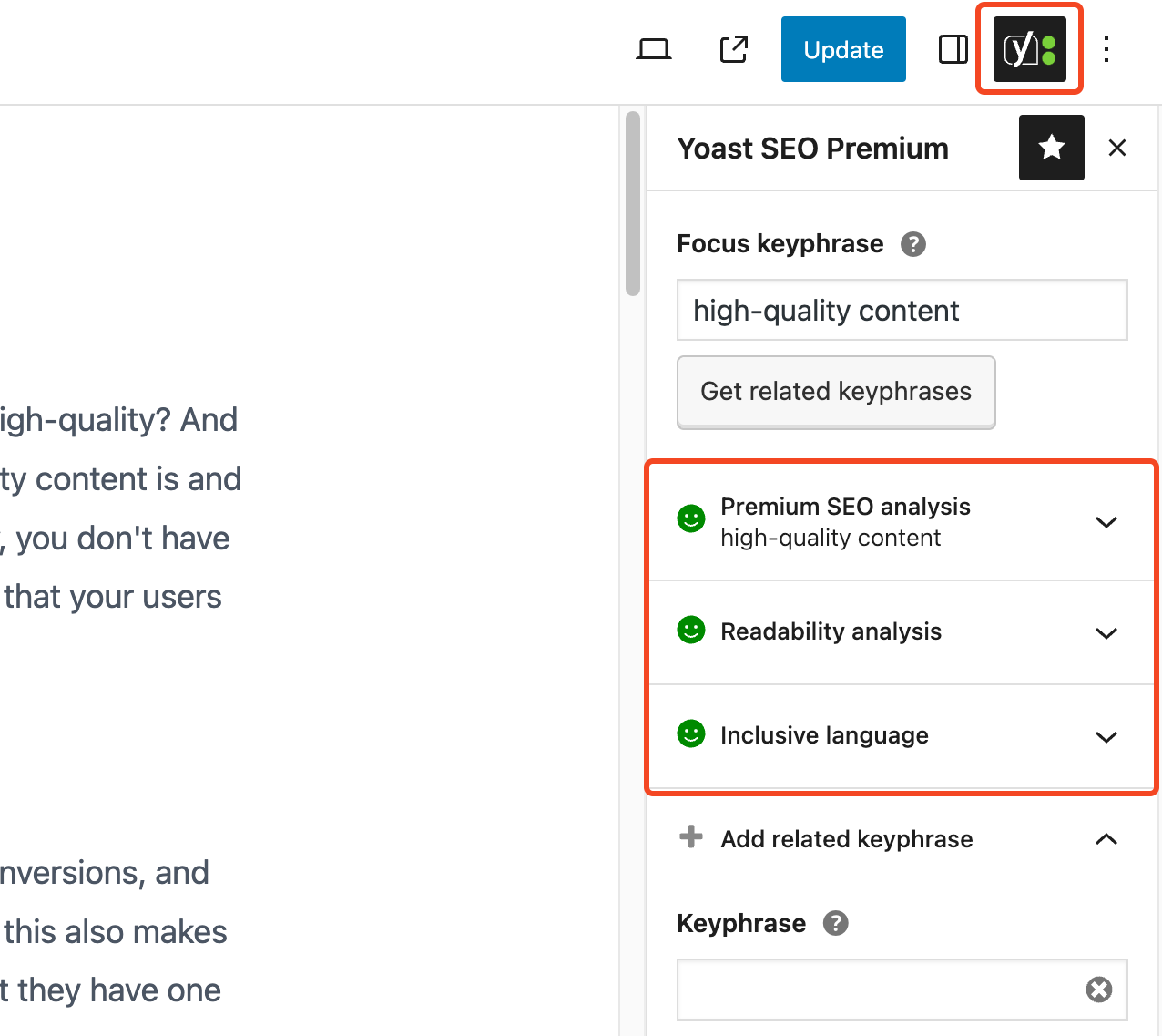 Yoast SEO traffic light system showing green indicators for SEO, readability, and inclusive language
